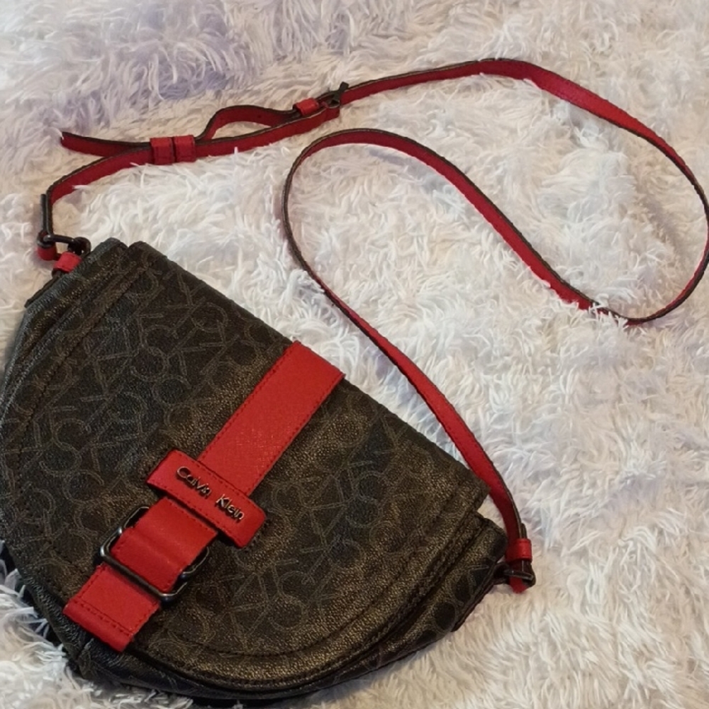 Calvin Klein Dark Brown and Red Crossbody Bag